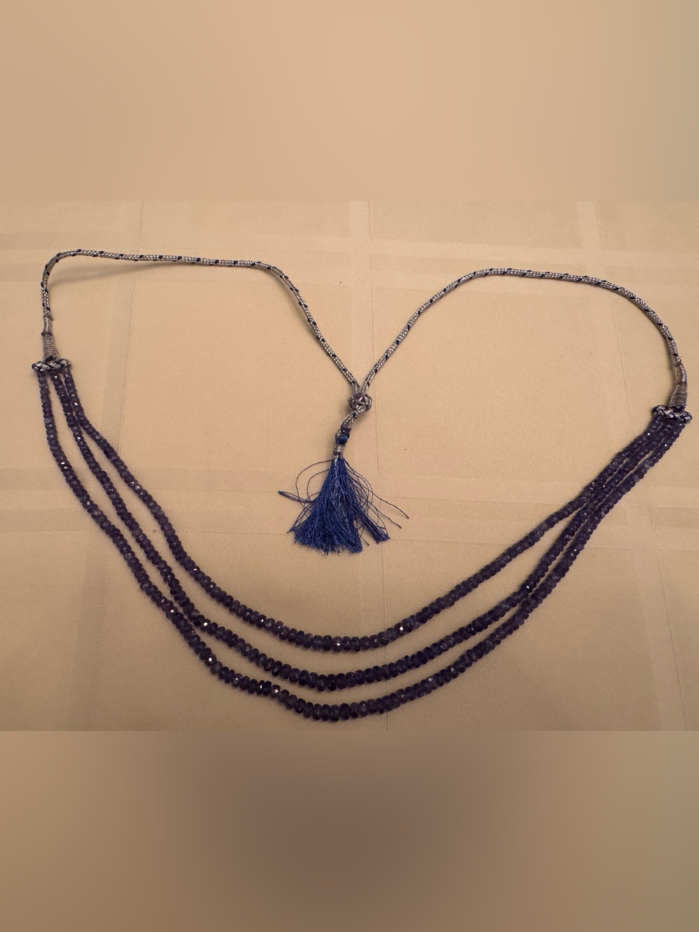 Polished Amethyst Beaded Layered Necklace with Tassel. Adjustable lengths.